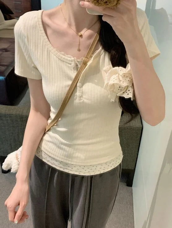 Sweet Flower Print Patchwork Lace T-Shirt