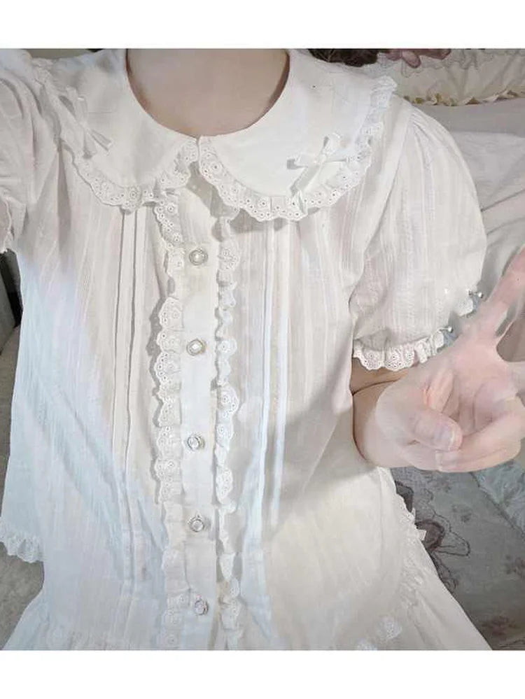 White Lace Mesh Blouse Student Shirt