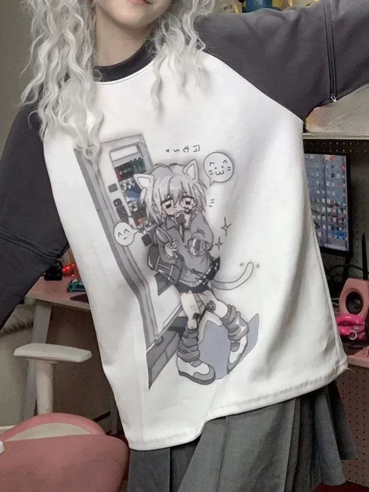 Detachable Sleeve Kawaii Cat Print T-Shirt