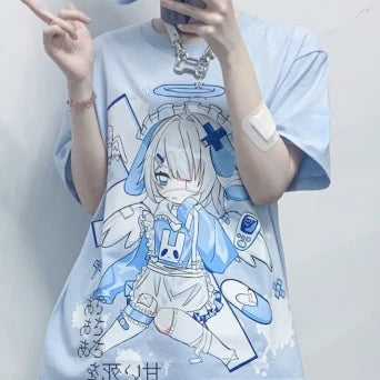 Cute Japanese Cartoon Print Oversized T-Shirt