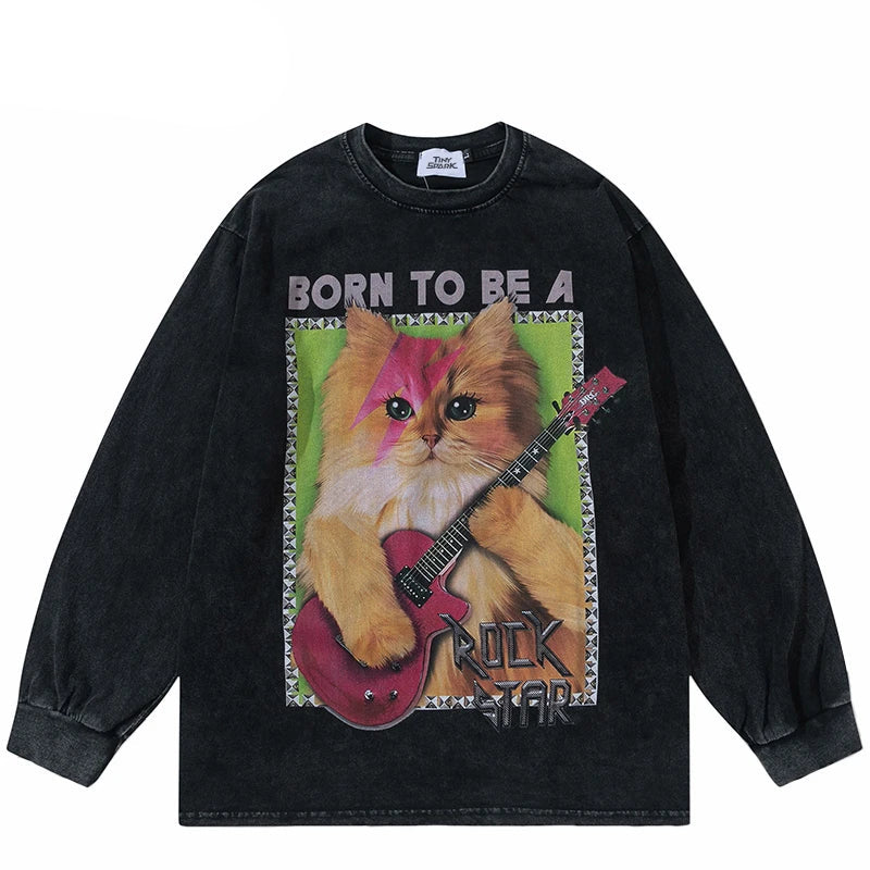 Graphic Rock Guitar Cat Print Sweatshirt