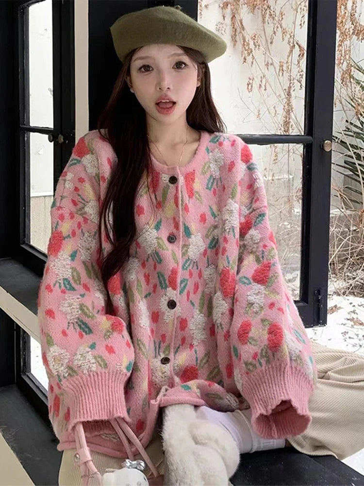 Model wearing the pink Floral Knit Buttoned Sweater