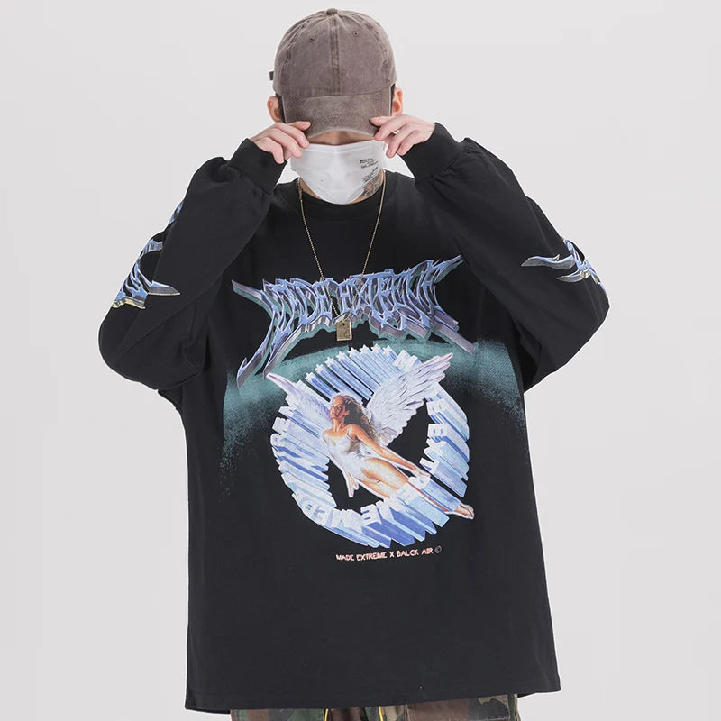 Retro Angel Print Loose Hip T-Shirt