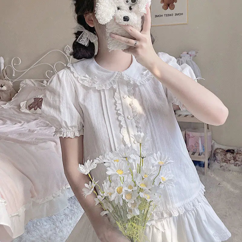 White Lace Mesh Blouse Student Shirt
