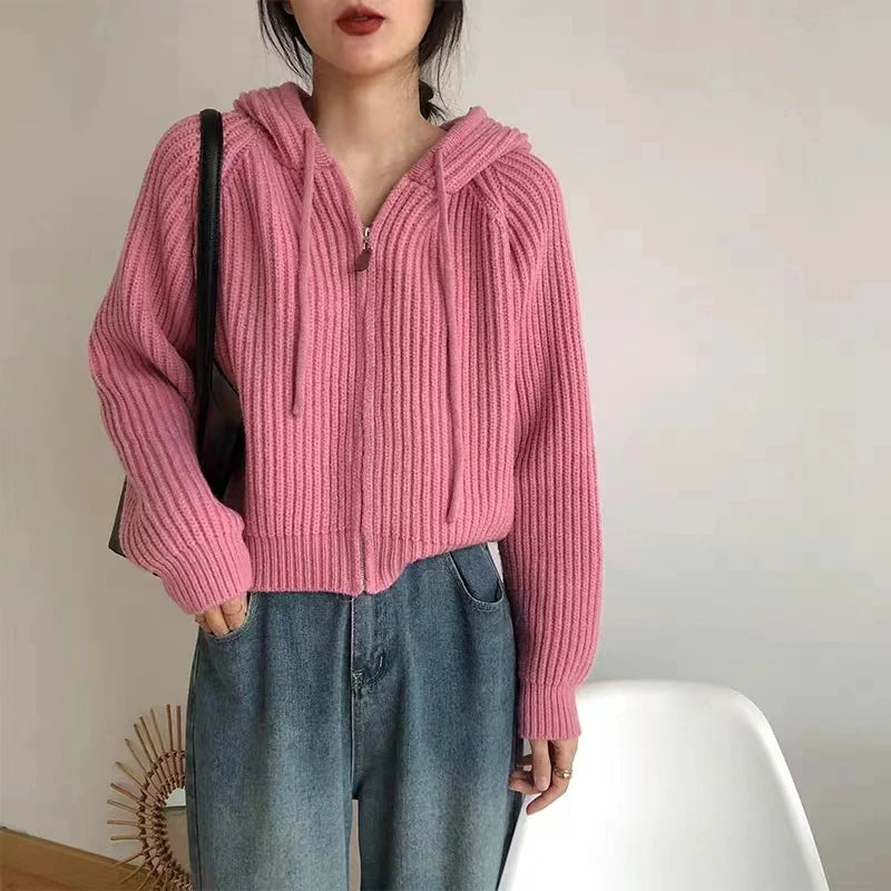 Pink Drawstring Hooded Knitting Sweater
