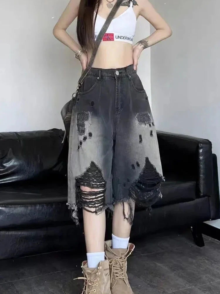 Vintage Ripped Gradient Denim Shorts