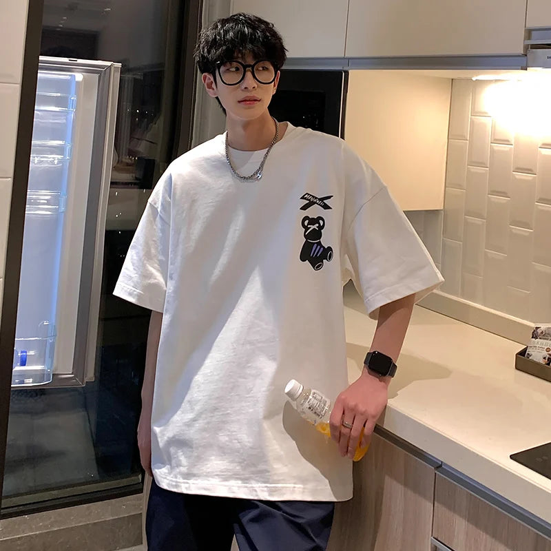 Camiseta de manga corta HMZ de moda coreana para hombre, con estampado de oso de dibujos animados, holgada, de gran tamaño, estilo hip hop, para parejas.