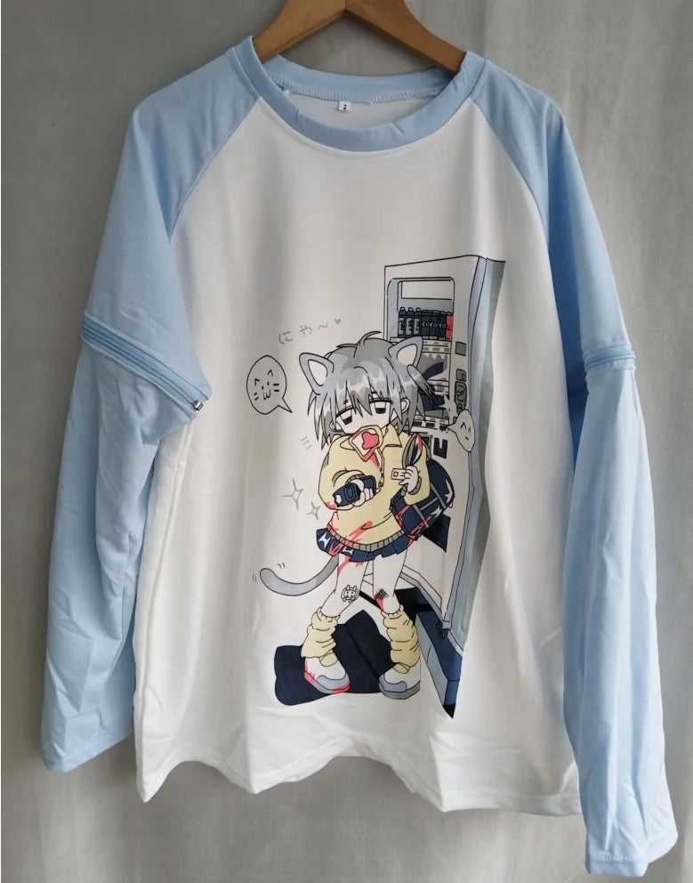 Detachable Sleeve Kawaii Cat Print T-Shirt