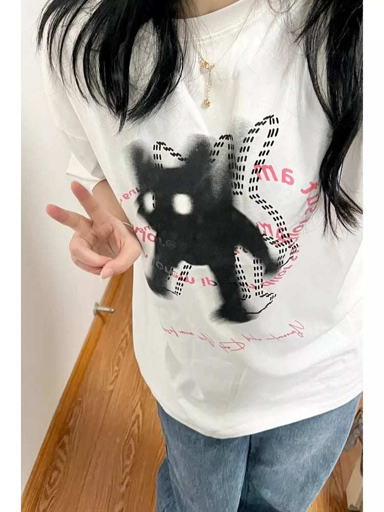 Camisetas holgadas con estampado de gato para mujer, estilo kawaii, estética Y2k, ropa de calle informal que combina con todo, estilo grunge japonés, estilo Harajuku