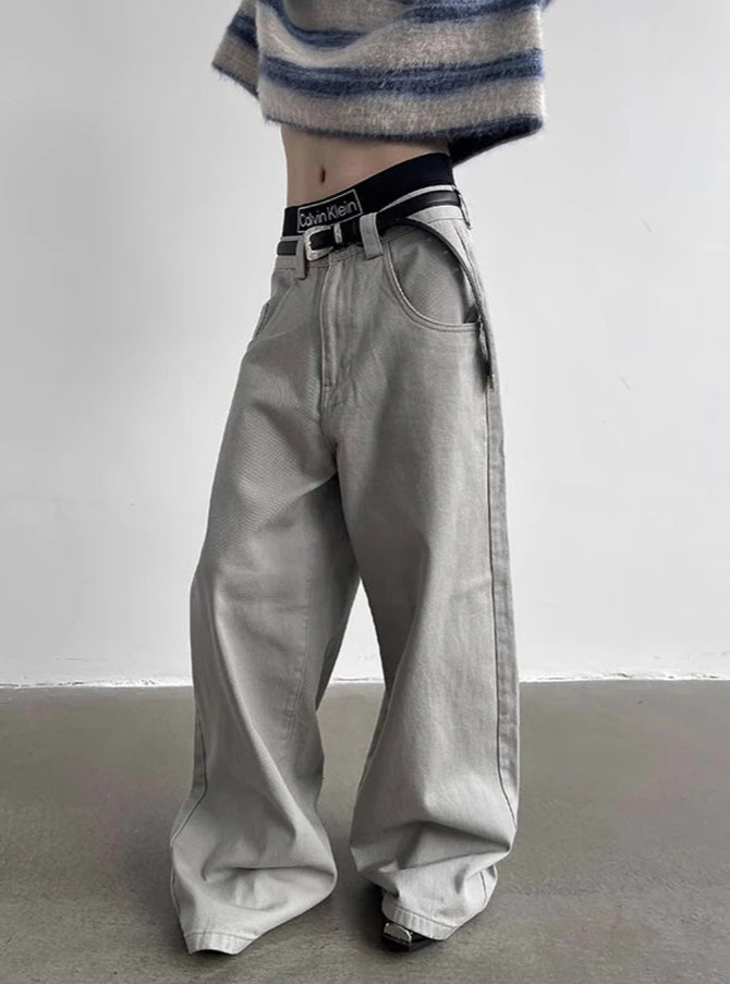 Autumn Grey Flowy Baggy Wide Pants