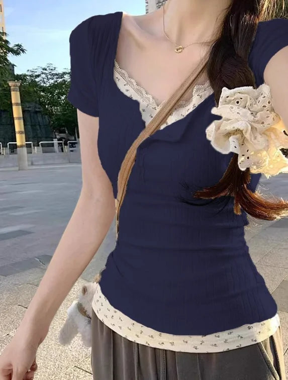 Sweet Flower Print Patchwork Lace T-Shirt