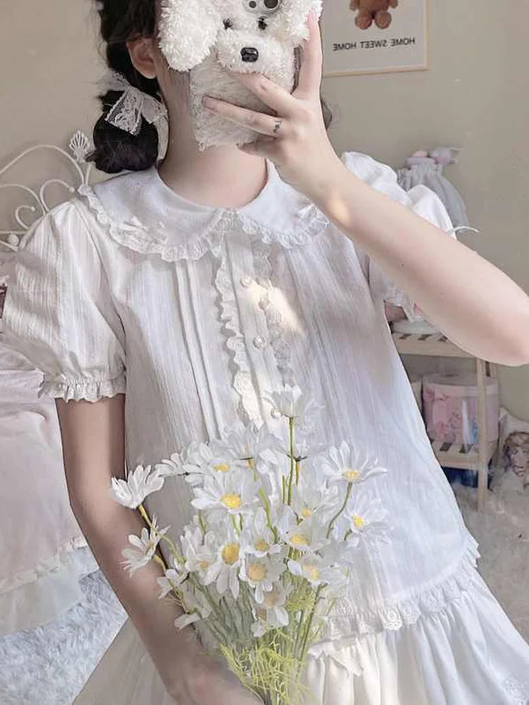 White Lace Mesh Blouse Student Shirt