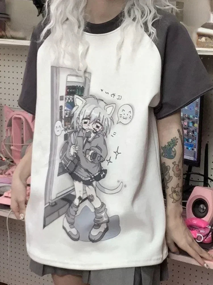Detachable Sleeve Kawaii Cat Print T-Shirt