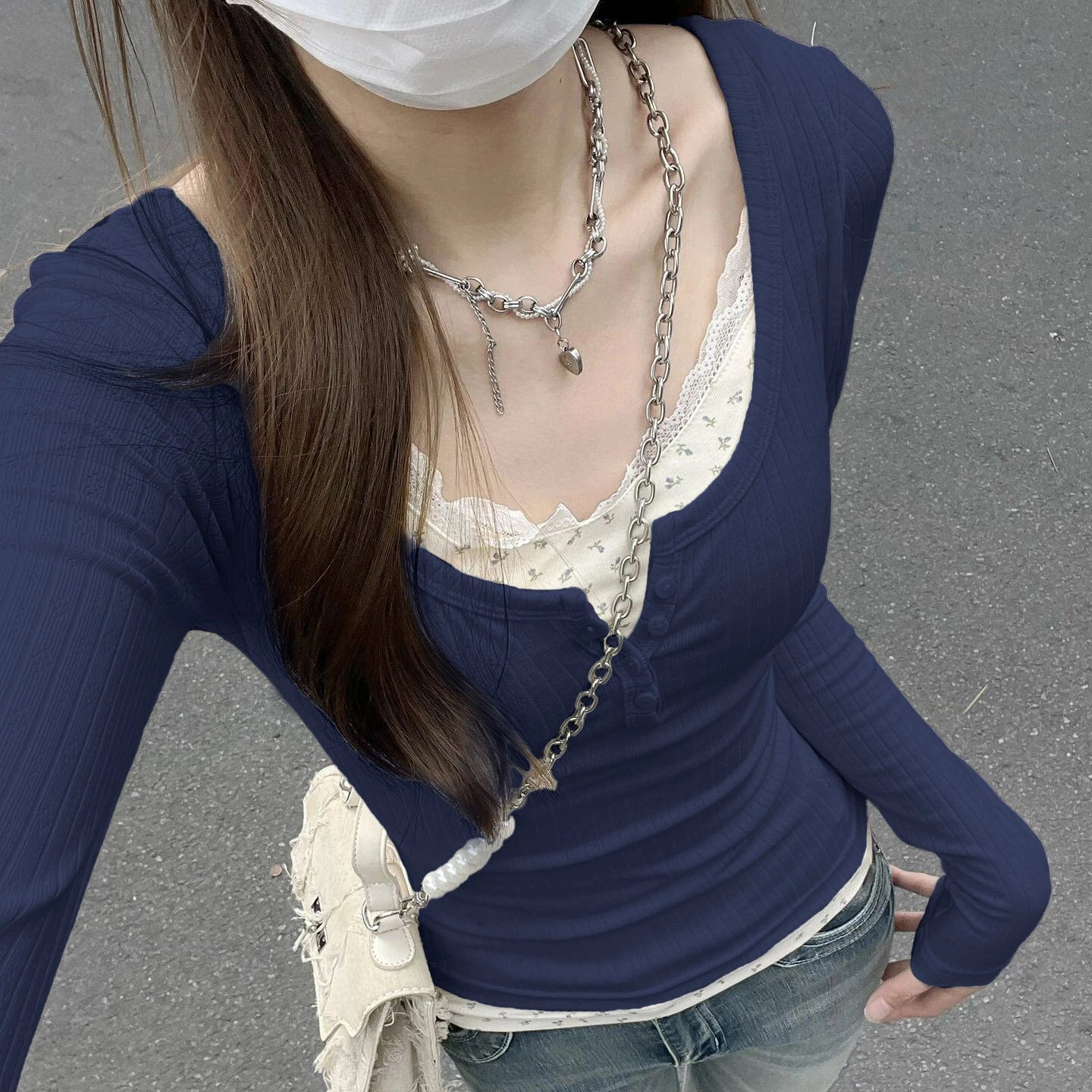 Sweet Flower Print Patchwork Lace T-Shirt