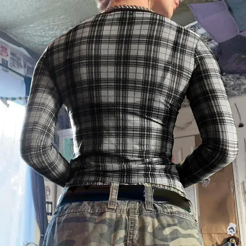 Y2K Plaid Mesh Print Crop T-Shirt