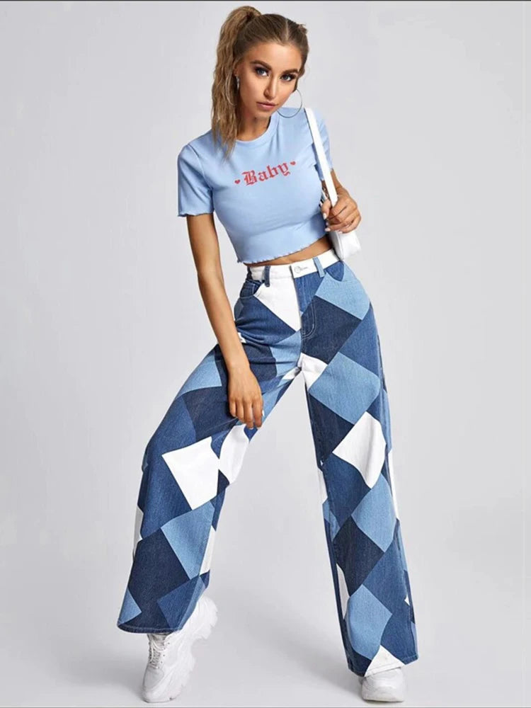 Vintage Plaid High Waist Straight Jeans