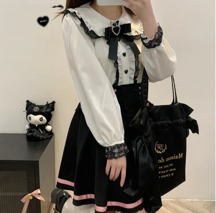 Elegant Lace Patchwork Ruffle Bow Shirt