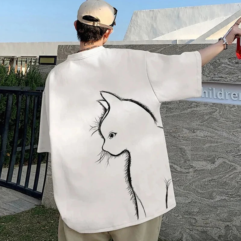 Camiseta de verano para hombre, de gran tamaño, con estampado de gato de dibujos animados, unisex, holgada, de algodón, ropa de diario, talla 8XL