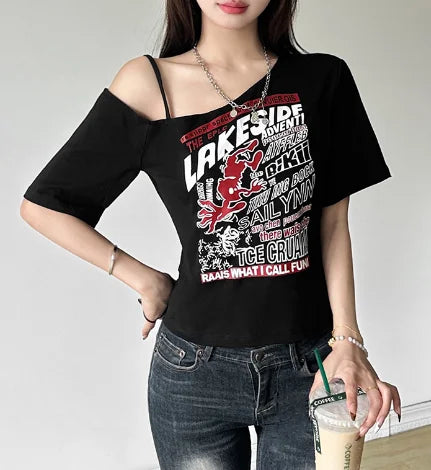 Gothic Letter Print Off Shoulder T-Shirt