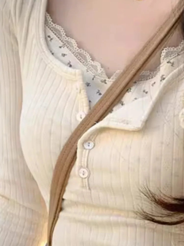 Sweet Flower Print Patchwork Lace T-Shirt
