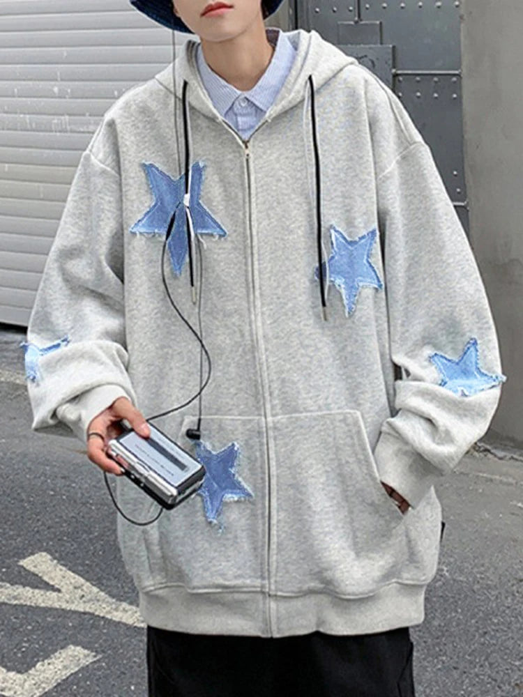 Oversized Star Patch Zip-Up Hoodie
