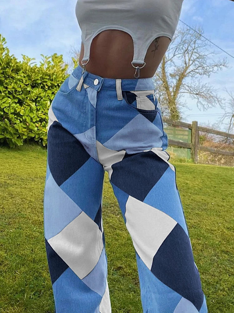Vintage Plaid High Waist Straight Jeans