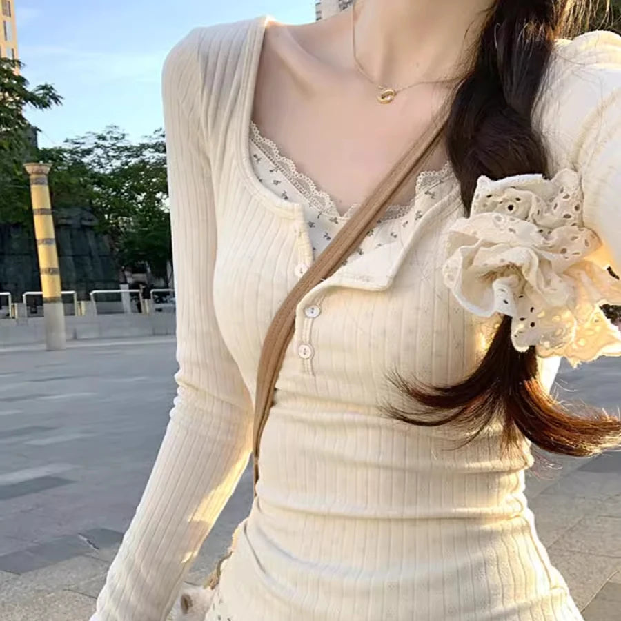 Sweet Flower Print Patchwork Lace T-Shirt