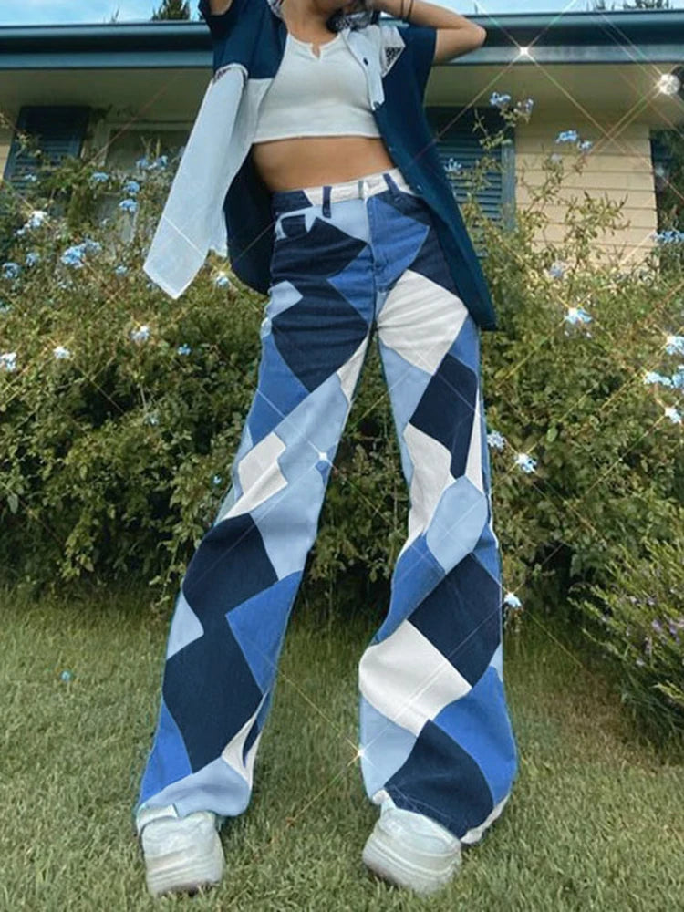 Vintage Plaid High Waist Straight Jeans