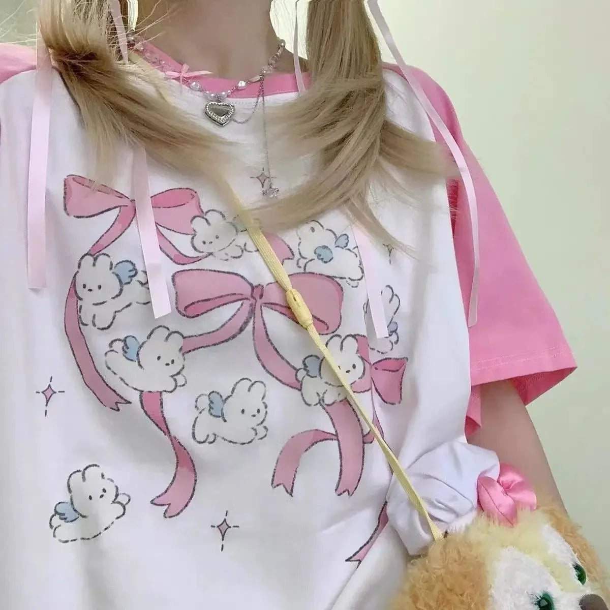 Sweet Pink Skater Girl Graphic Rabbit T-Shirt