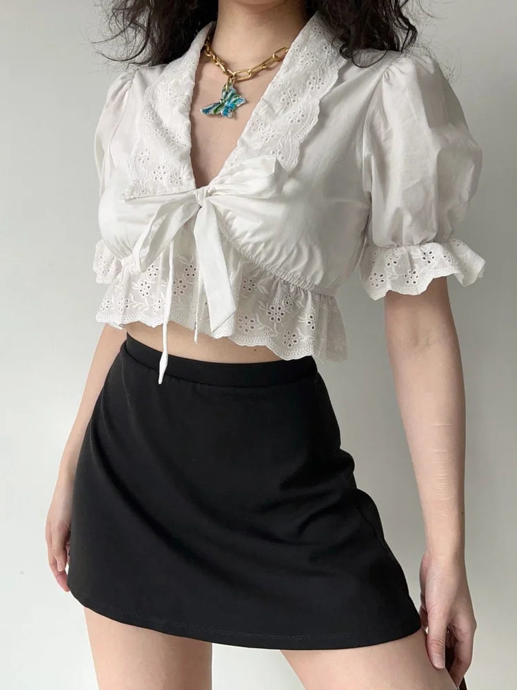 Sweet Flower Embroidery Bow Bandage Shirt