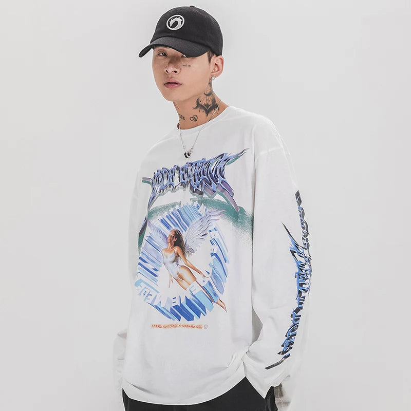 Retro Angel Print Loose Hip T-Shirt
