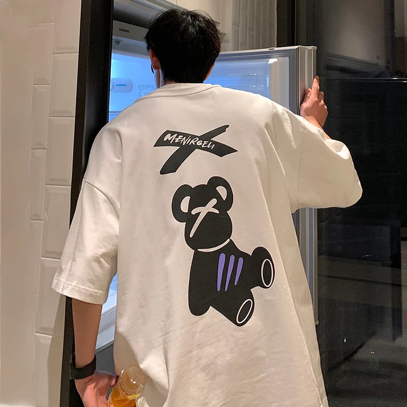 Camiseta de manga corta HMZ de moda coreana para hombre, con estampado de oso de dibujos animados, holgada, de gran tamaño, estilo hip hop, para parejas.