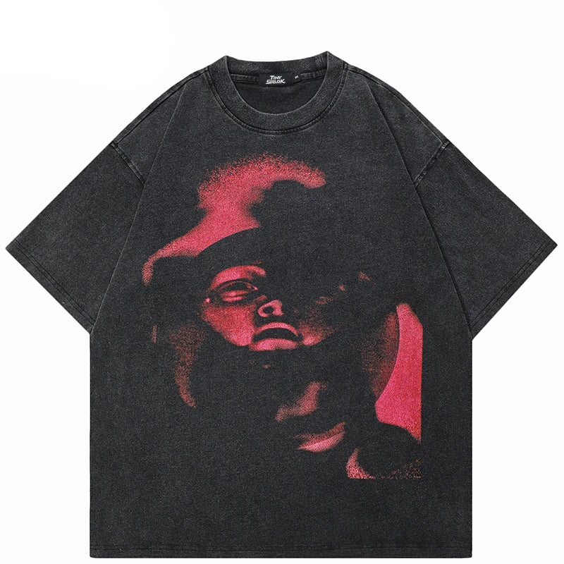 Washed Black Graphic Face Cotton T-Shirt