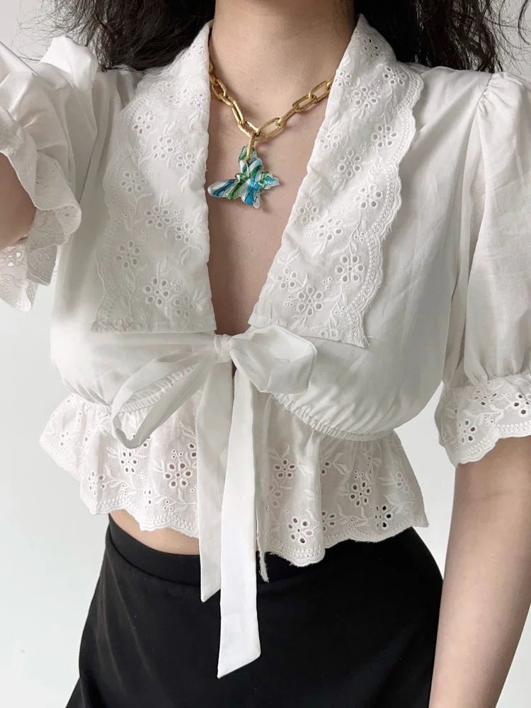 Sweet Flower Embroidery Bow Bandage Shirt
