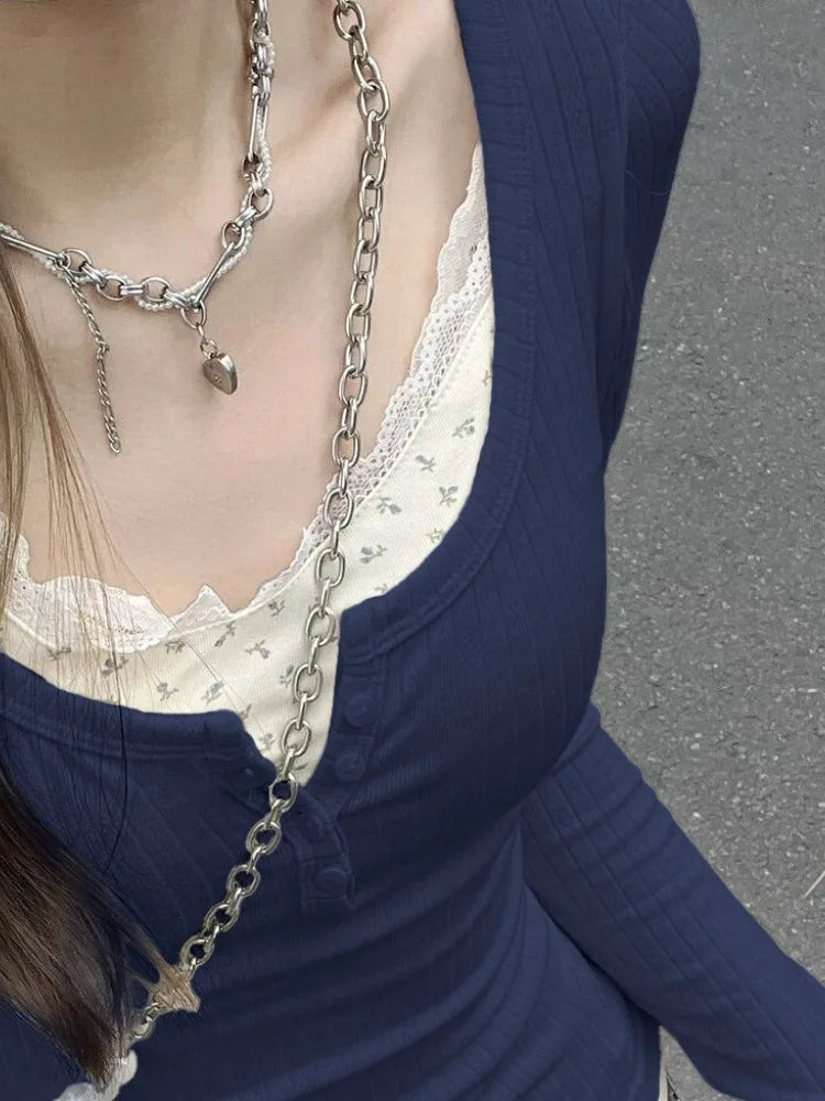 Sweet Flower Print Patchwork Lace T-Shirt
