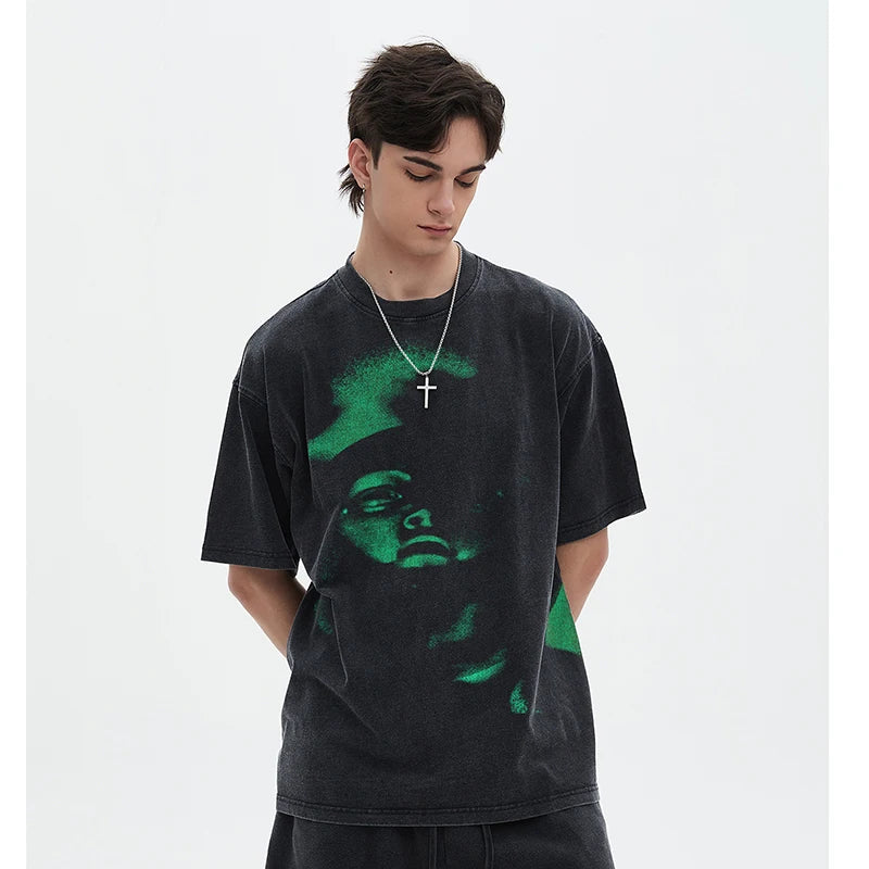 Washed Black Graphic Face Cotton T-Shirt