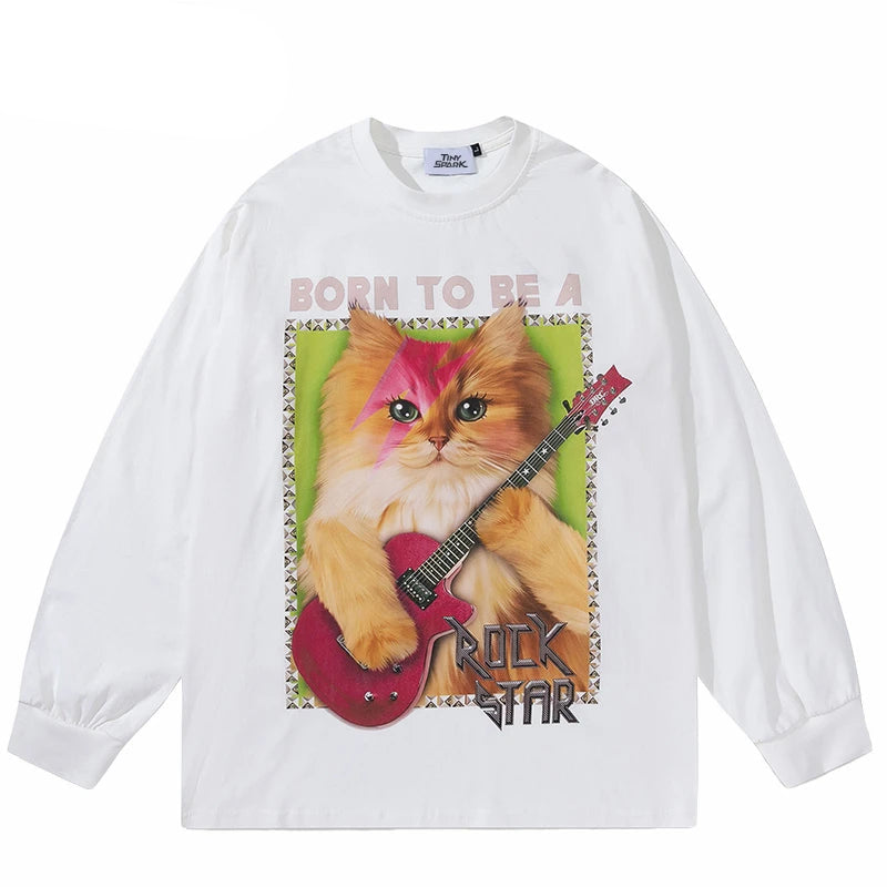 Graphic Rock Guitar Cat Print Sweatshirt