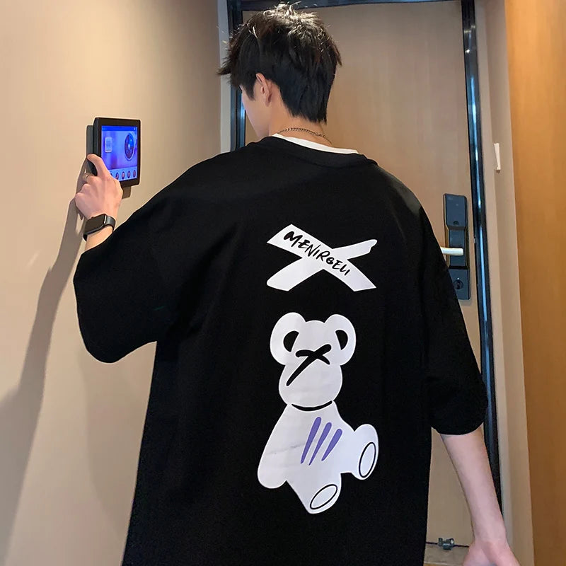 Camiseta de manga corta HMZ de moda coreana para hombre, con estampado de oso de dibujos animados, holgada, de gran tamaño, estilo hip hop, para parejas.