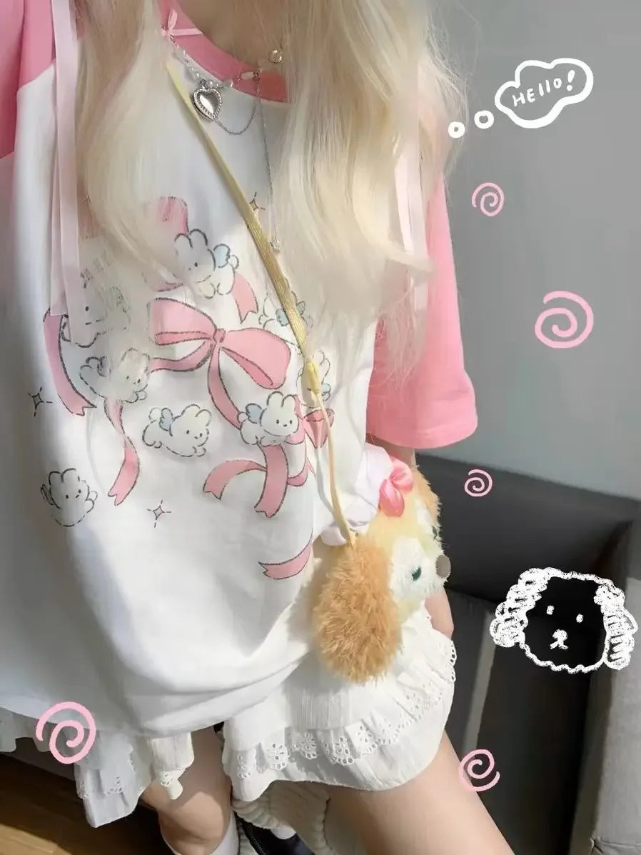 Sweet Pink Skater Girl Graphic Rabbit T-Shirt
