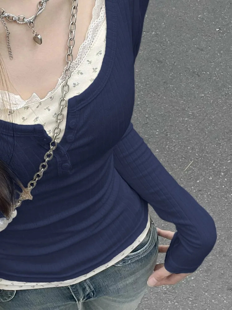 Sweet Flower Print Patchwork Lace T-Shirt