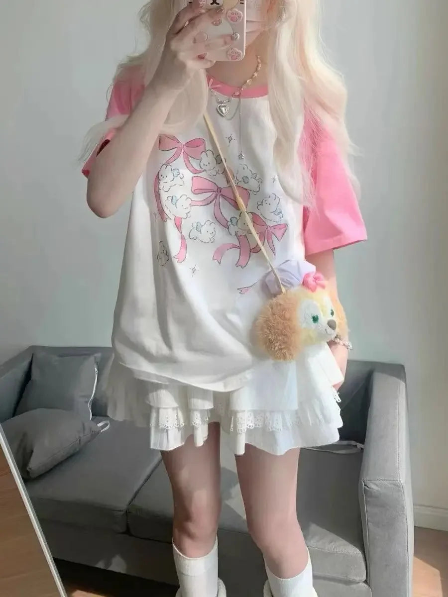Sweet Pink Skater Girl Graphic Rabbit T-Shirt