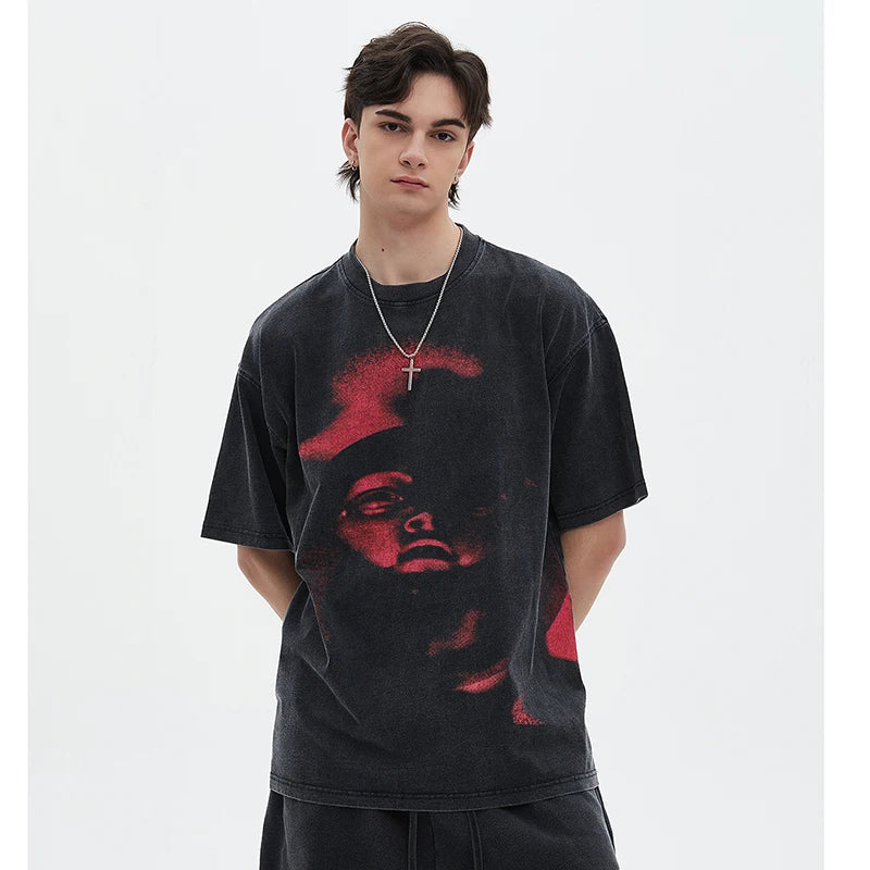 Washed Black Graphic Face Cotton T-Shirt