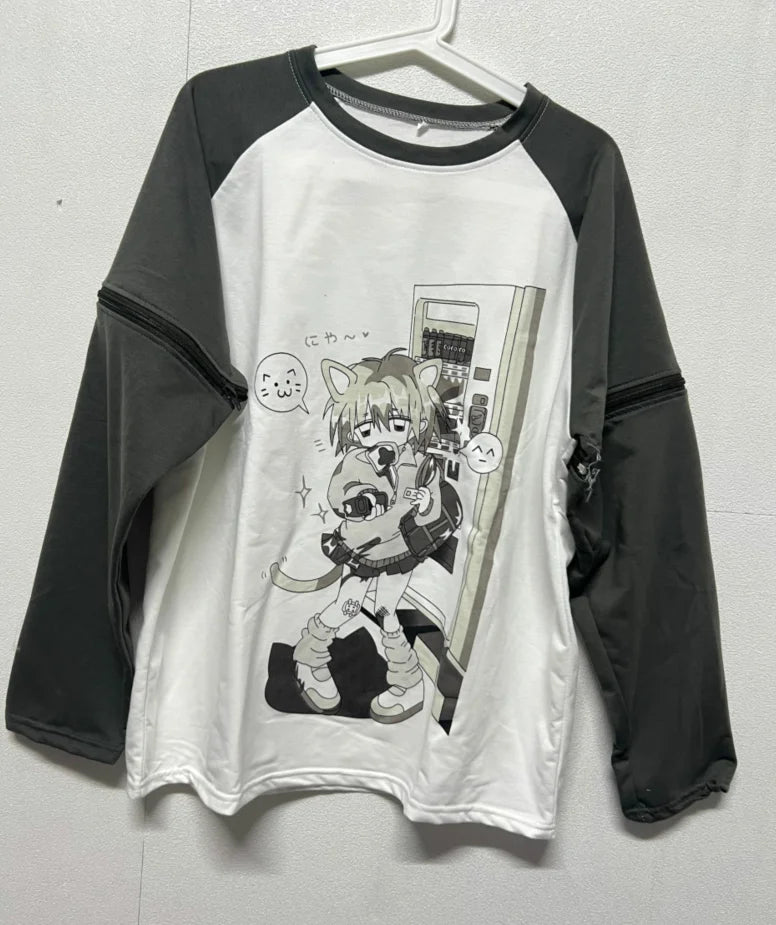 Detachable Sleeve Kawaii Cat Print T-Shirt