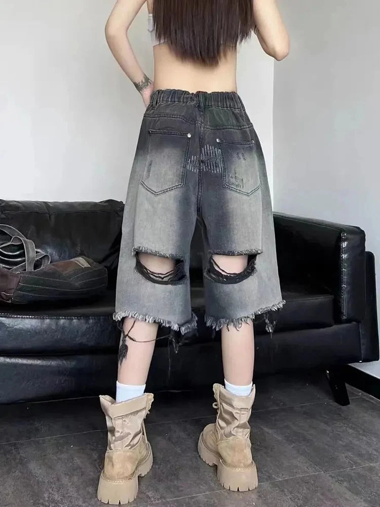 Vintage Ripped Gradient Denim Shorts