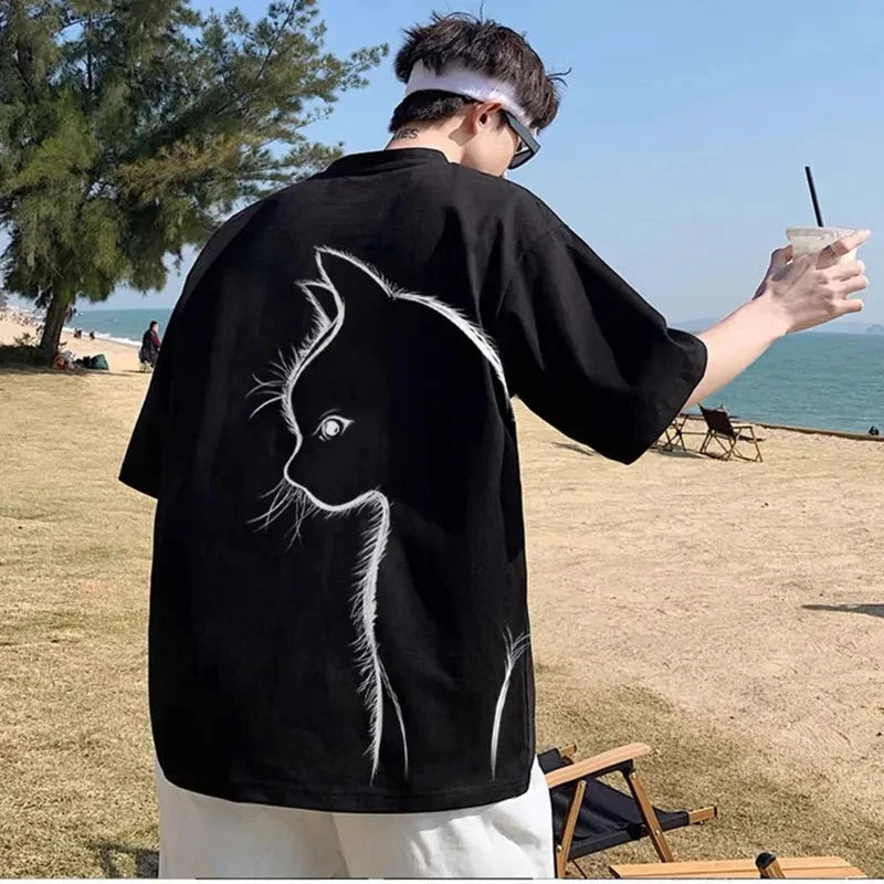 Camiseta de verano para hombre, de gran tamaño, con estampado de gato de dibujos animados, unisex, holgada, de algodón, ropa de diario, talla 8XL