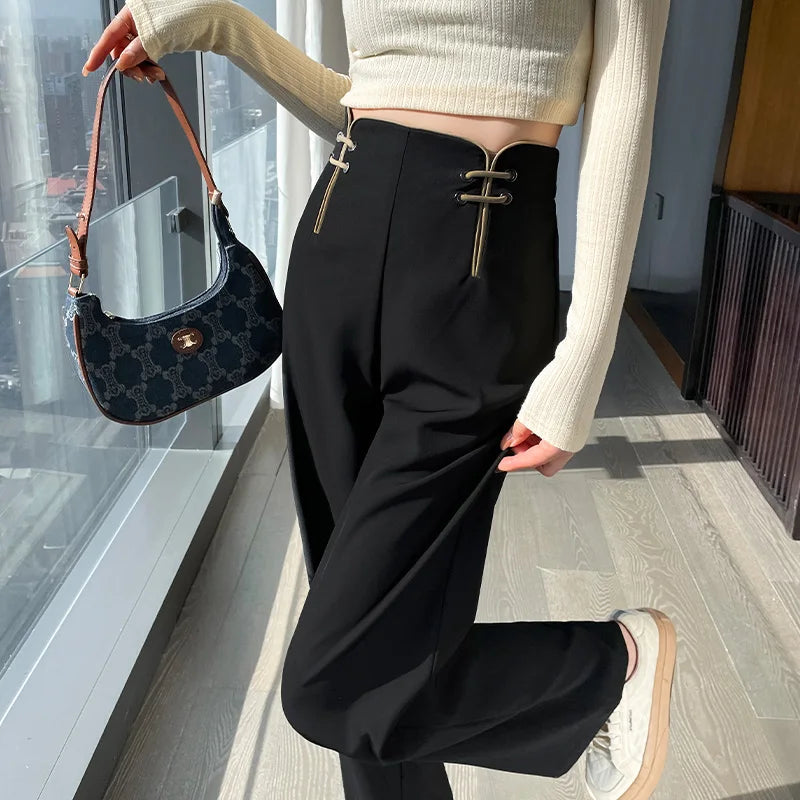 Pantalones de pierna ancha de cintura alta, lisos, estilo chino vintage, para mujer, otoño 2023, holgados, negros, suaves, largos