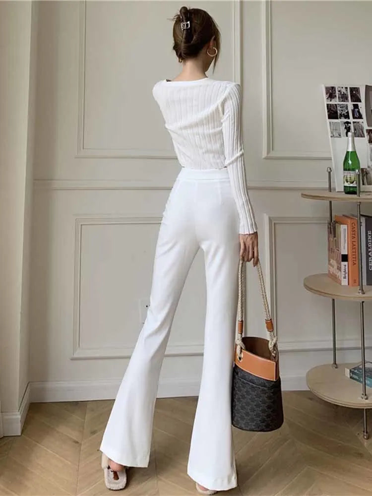 Pantalones acampanados de cintura alta para mujer, ajustados, informales, elegantes, con pierna ancha y abertura, trajes elegantes en blanco y negro.