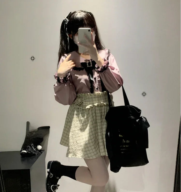 Elegant Lace Patchwork Ruffle Bow Shirt