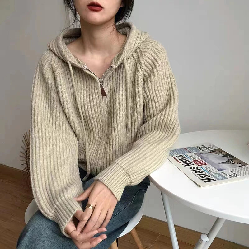 Pink Drawstring Hooded Knitting Sweater