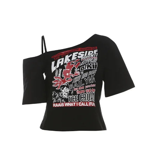 Gothic Letter Print Off Shoulder T-Shirt